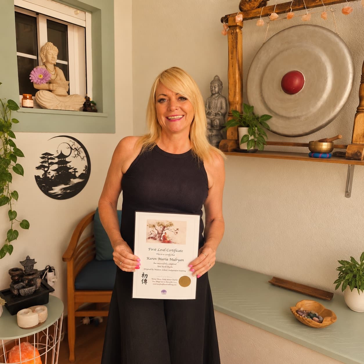 Karen Maria in her holistic wellness studio in San Miguel de Tenerife, holding her Reiki First Level certificate